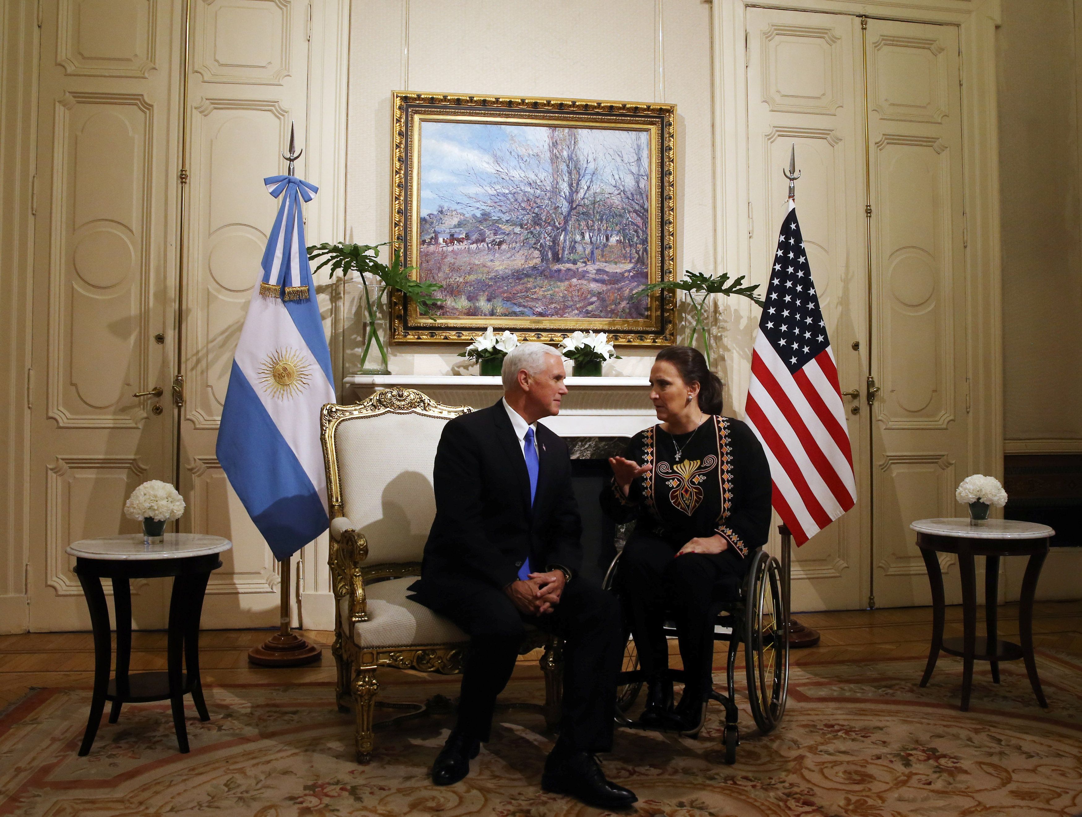 Argentina's Vice President Michetti talks to U.S. Vice President Pence at Casa Rosada Presidential Palace in Buenos Aires Argentina's Vice President Michetti talks to U.S. Vice President Pence at Casa Rosada Presidential Palace in Buenos Aires