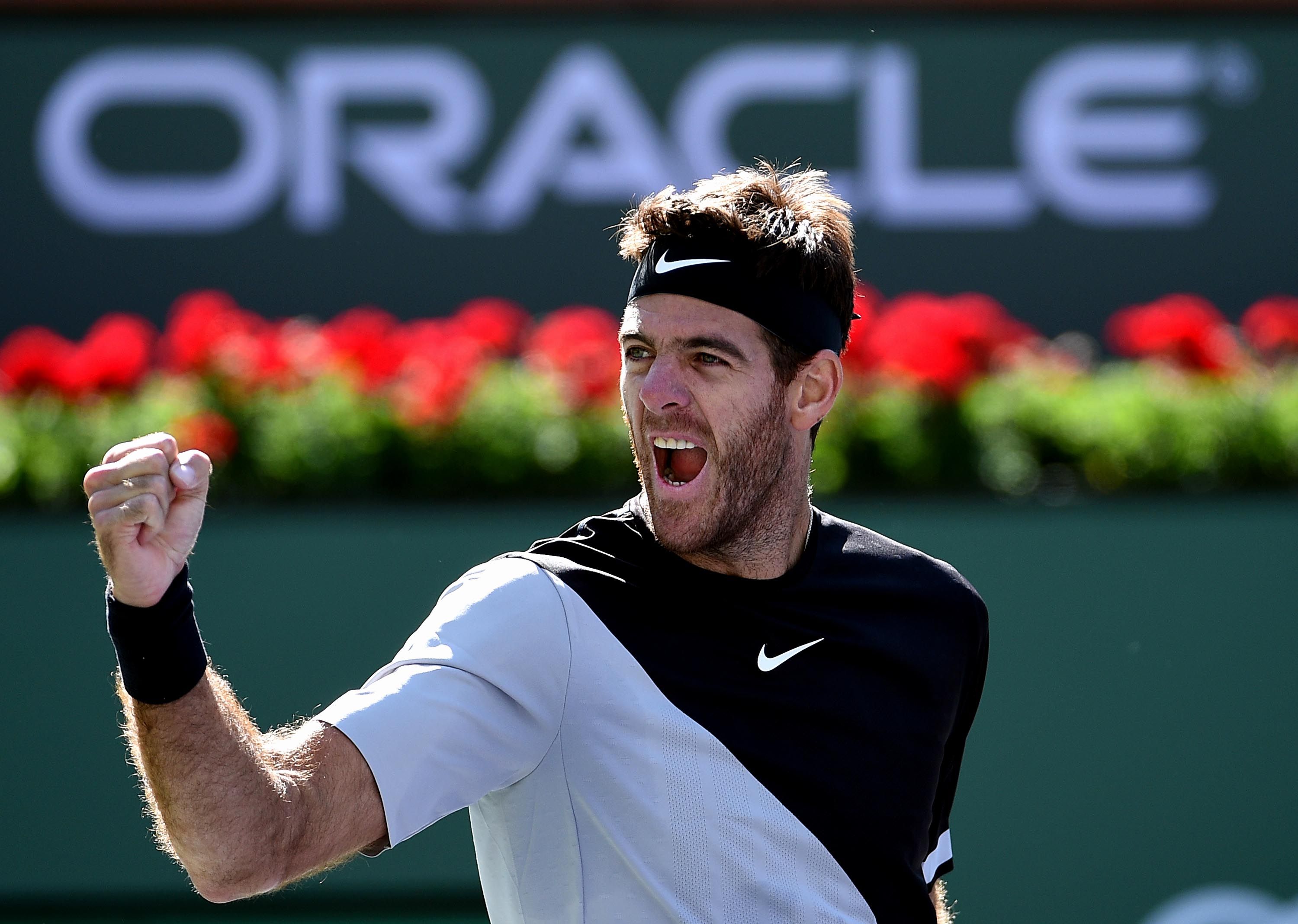 BNP Paribas Open - Day 13 - T&eacute;lam 17/03/2018 Indian Wells, Estados Unido: Juan Mart&iacute;n del Potro festeja el triunfo donde derrot&oacute; hoy al canadiense Milos Raonic por 6-2 y 6-3 y ma&ntilde;ana jugar&aacute; contra el suizo Roger Federer, n&uacute;mero 1 del mundo y m&aacute;ximo favorito al t&iacute;tulo, la final del Masters 1000 de Indian Wells, en Estados Unidos.  Foto:  Kevork Djansezian/AFP
