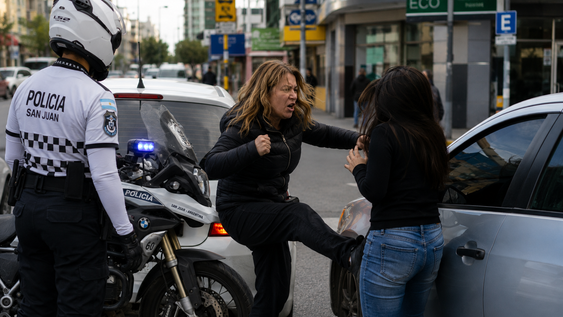 Una mujer se puso furiosa cuando le negaron el estacionamiento en pleno centro y cometió varios delitos. Terminó detenida, pero zafó de una condena. Imagen creada con IA.&nbsp;