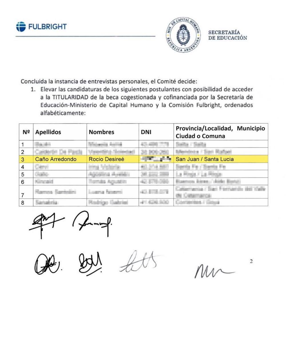 El acta oficial que incluyó a Rocío Desirée Caño Arredondo entre los docentes seleccionados para acceder a la beca gestionada por la Comisión Fulbright y la Secretaría de Educación de la Nación.