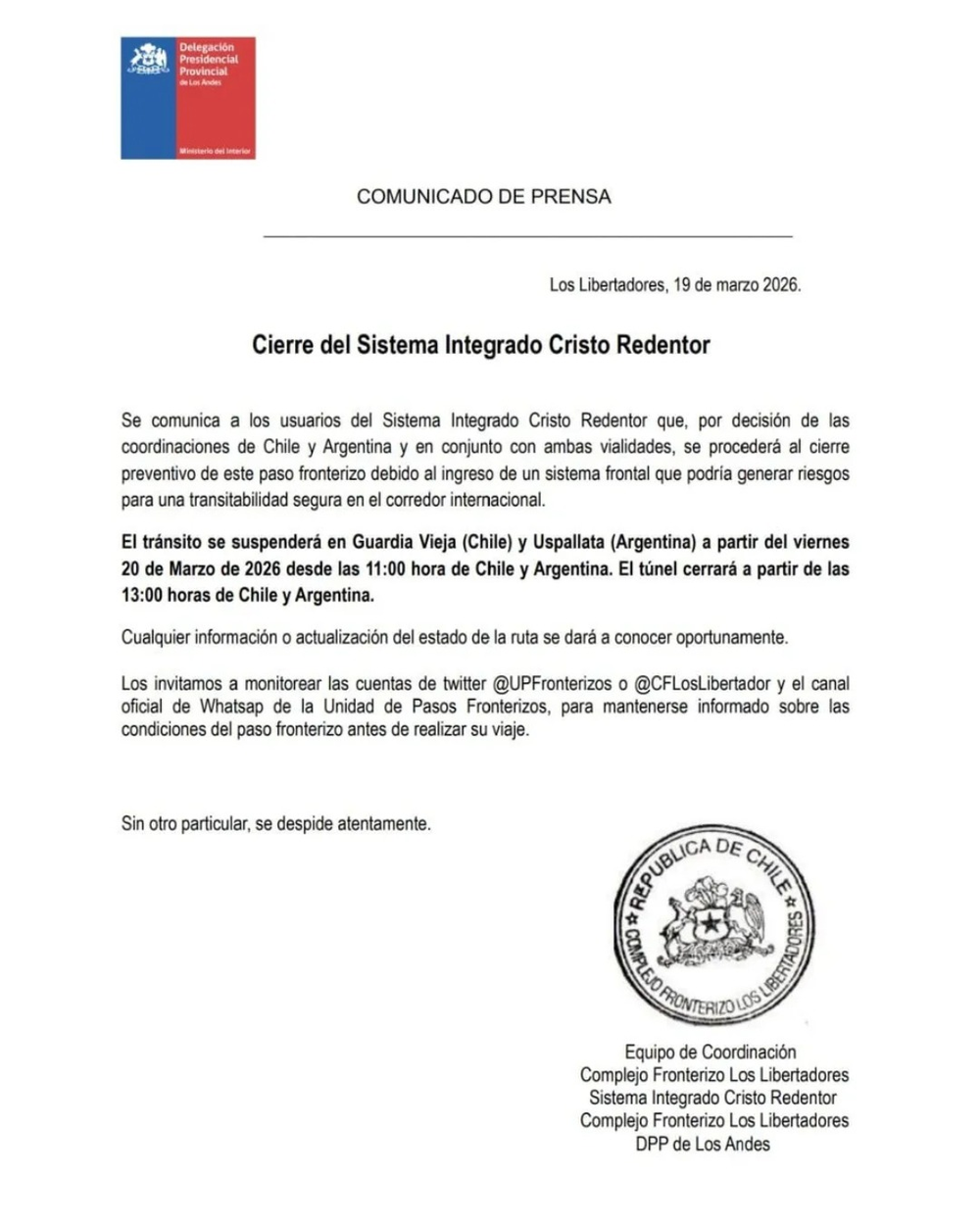 Cierran el Paso Cristo Redentor por pron&oacute;stico de fuerte temporal en alta monta&ntilde;a