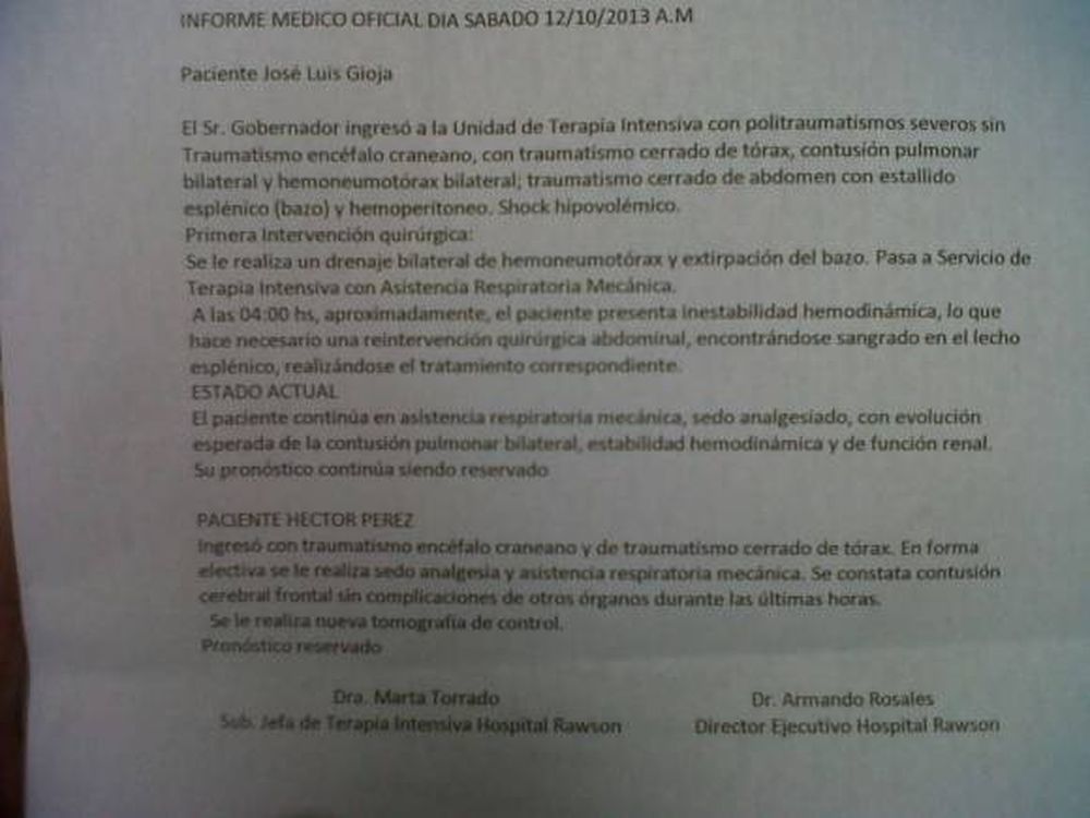 Tercer parte médico de Gioja: el estado de salud del Gobernador es reservado