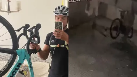 A la izquierda, el pedalero con su bici. A la derecha, el delincuente llevándose el rodado.-