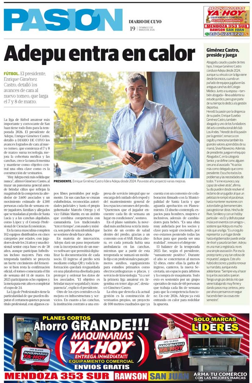 Diario de Cuyo | Tapa Pasión 1 de Marzo 2026