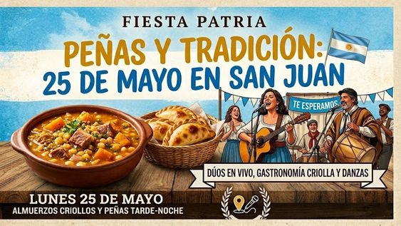 El 25 de mayo llegará con varias opciones para celebrar en San Juan, a puro folclore y platos tradicionales.