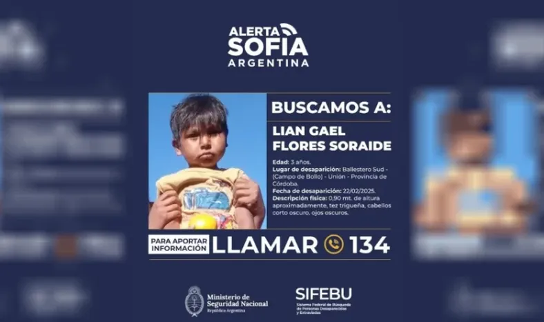 Activan Alerta Sofía por Lian, el niño desaparecido en Córdoba