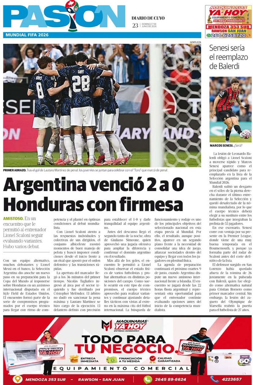 Diario de Cuyo | Tapa Pasión 7 de Junio 2026