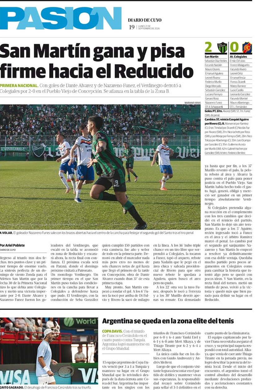 Diario de Cuyo | Tapa Pasión 21 de Septiembre 2026