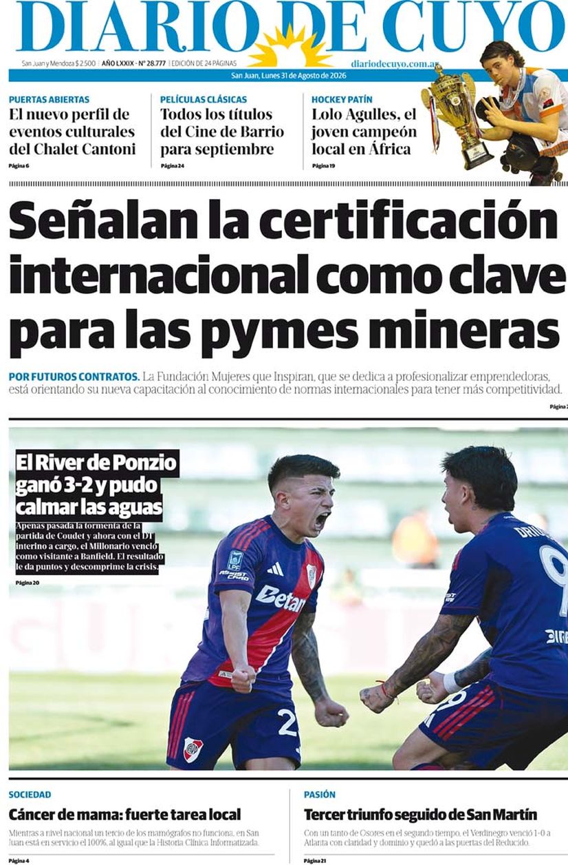 Diario de Cuyo | Tapa Edición 31 de Agosto 2026