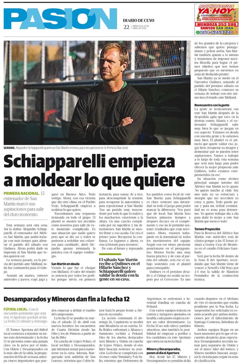 Diario de Cuyo | Tapa Pasión 22 de Abril 2026