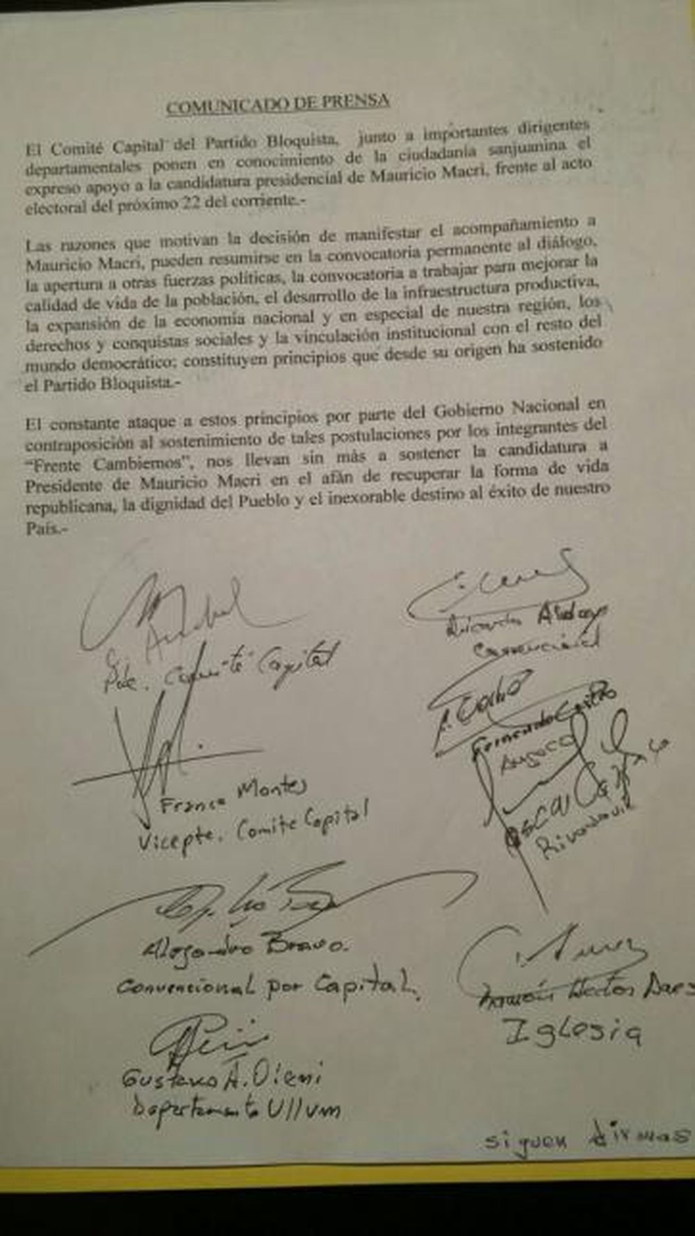 El “bloquismo histórico” hizo público su apoyo a Macri