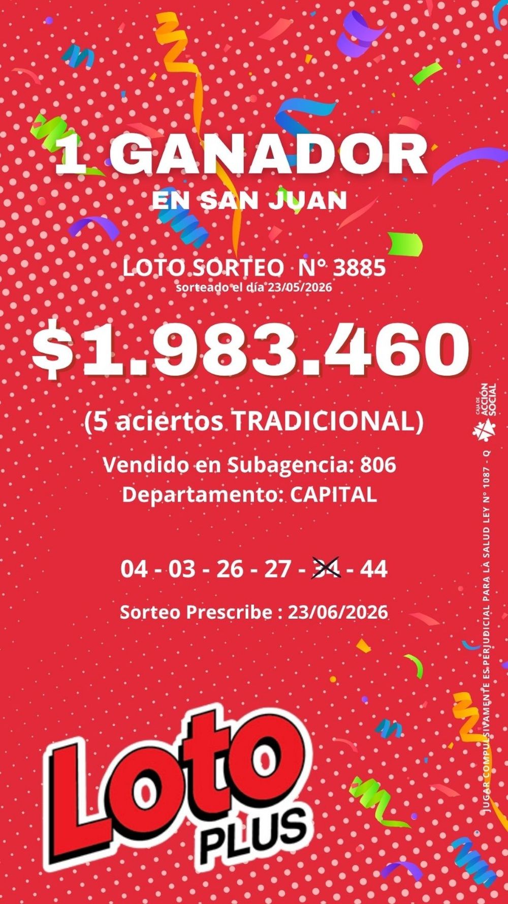 Apostador sanjuanino que ganó en el Loto Plus. Apostador sanjuanino que ganó en el Loto Plus.