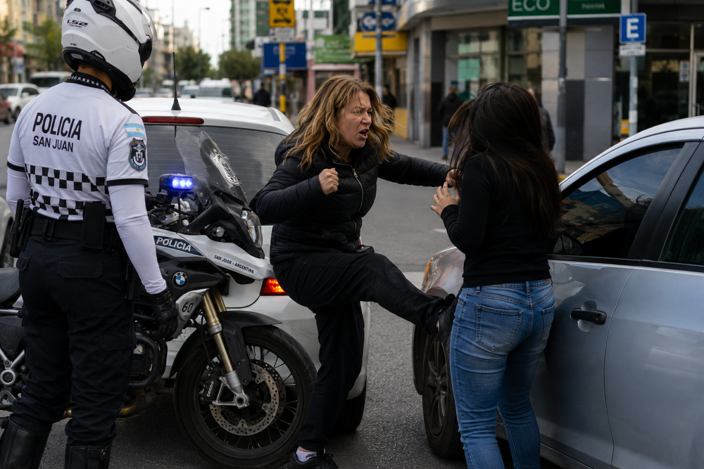 Una mujer se puso furiosa cuando le negaron el estacionamiento en pleno centro y cometió varios delitos. Terminó detenida, pero zafó de una condena. Imagen creada con IA.&nbsp;