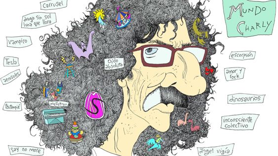 Charly García en viñetas y postales de Rep. Un recorrido gráfico por su origen, sus influencias, su genio, su delirio, su música y sus polémicas: de Sui Generis a Serú Girán, del oído absoluto a la lógica del escorpión.
