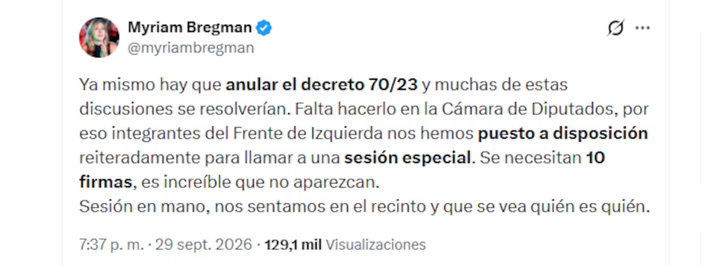 Myriam Bregman pidi&oacute; reunir las firmas necesarias para convocar una sesi&oacute;n especial en Diputados.