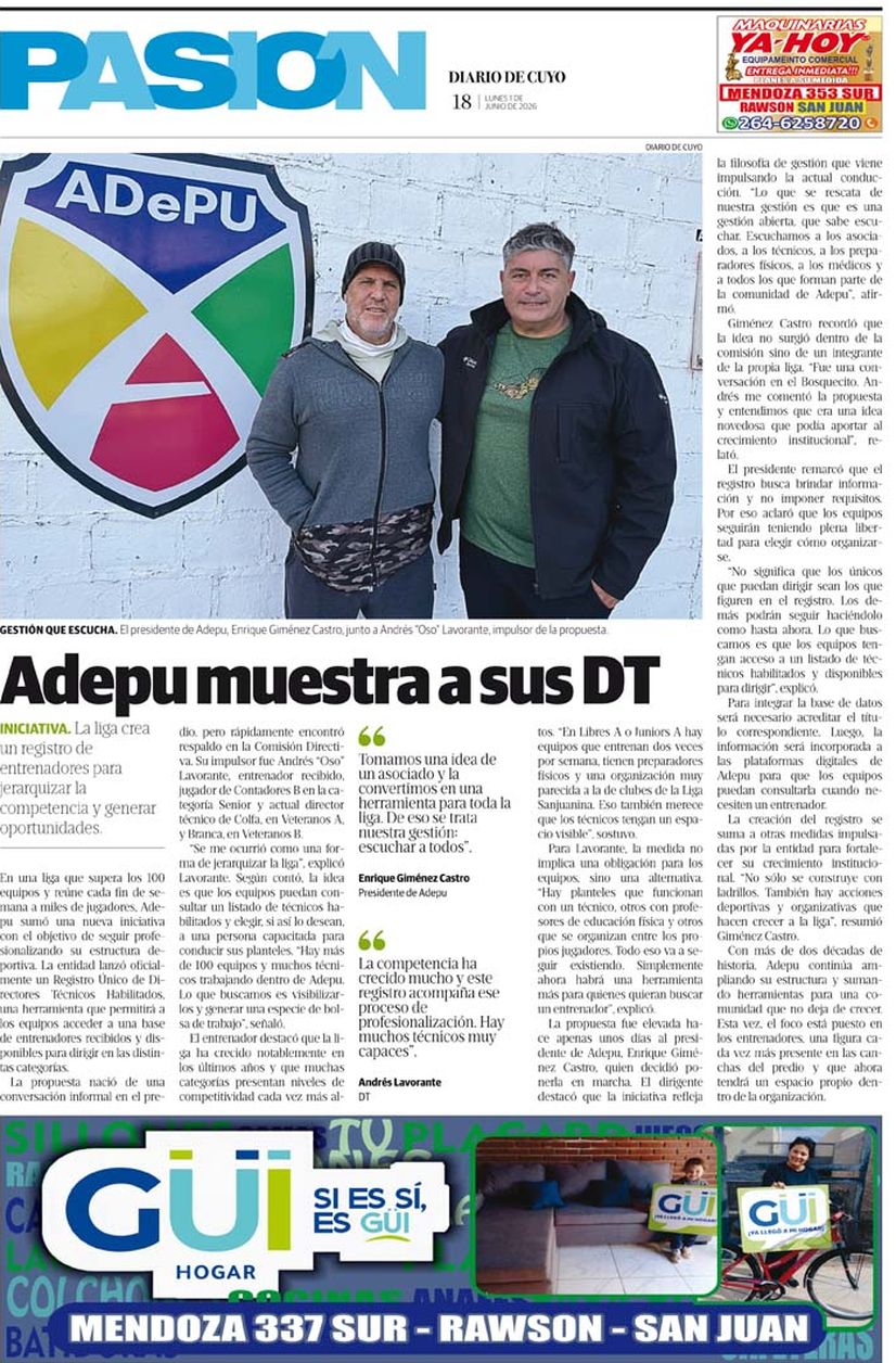 Diario de Cuyo | Tapa Pasión 1 de Junio 2026