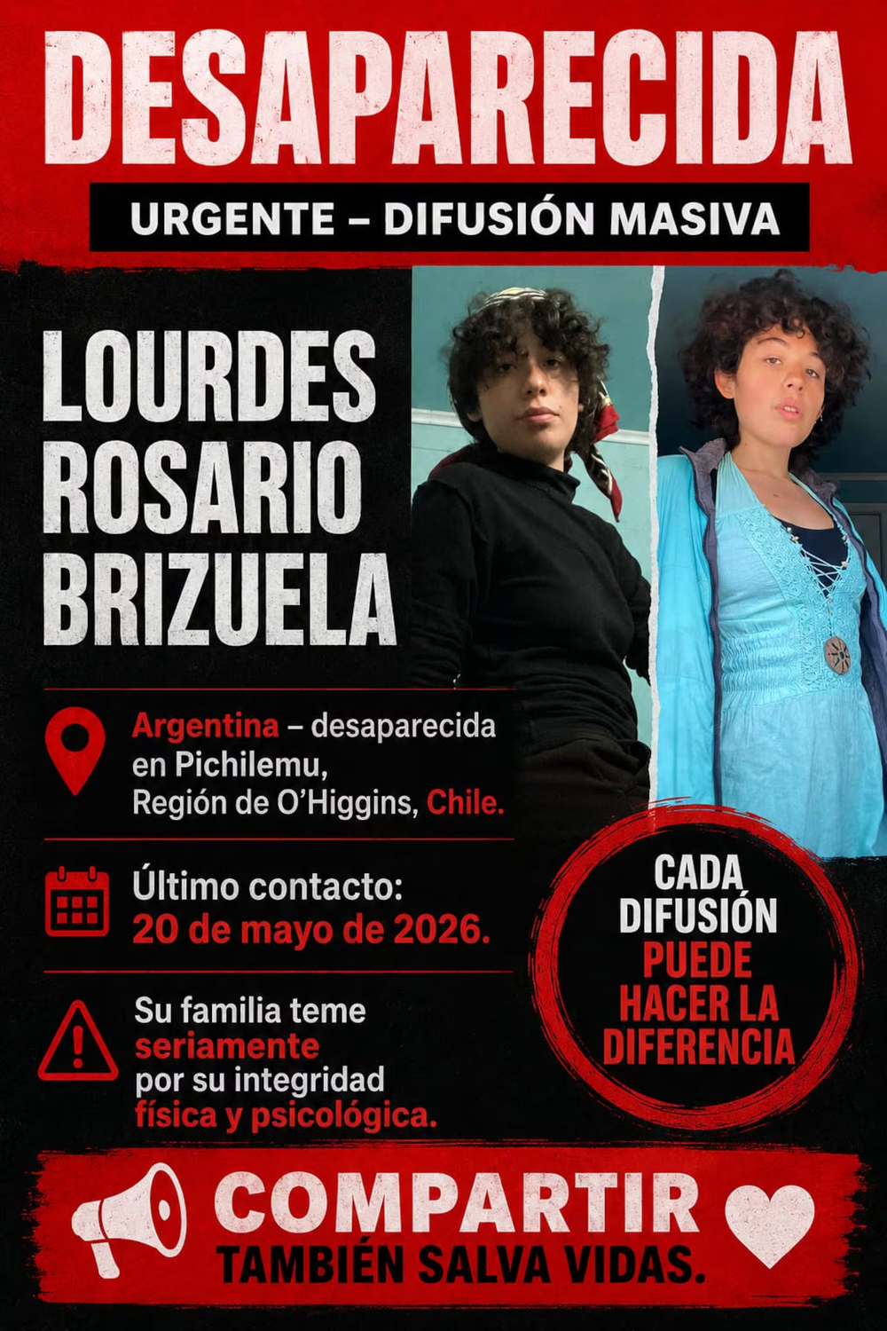 Lourdes fue vista por &uacute;ltima vez en Pichilemu, Chile.