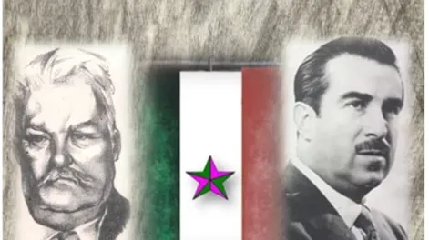 Diario de Cuyo | La tapa del libro Pioneros III y la figura de los líderes políticos Federico Cantoni y Leopoldo Bravo, con el marco de la bandera bloquista que identifica a la corriente política.