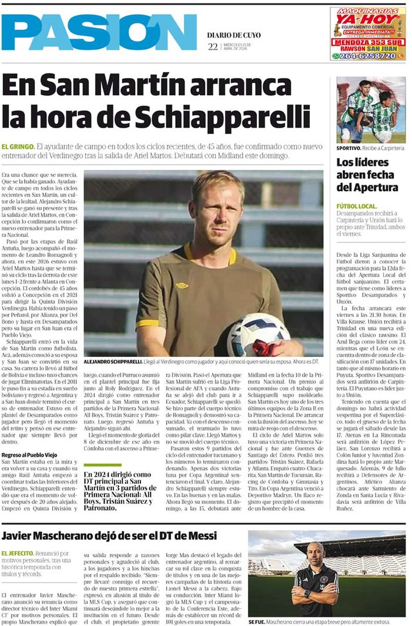 Diario de Cuyo | Tapa Pasión 15 de Abril 2026