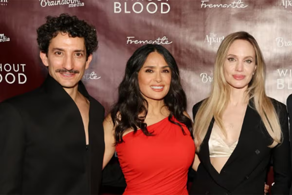 Juan Minujín, Salma Hayek y Angelina Jolie, durante la reciente presentación del film en Nueva York.&nbsp;
