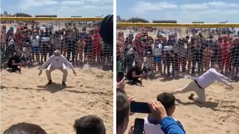 Alberto Fernández hizo de arquero en un picado en la playa y terminó en la arena