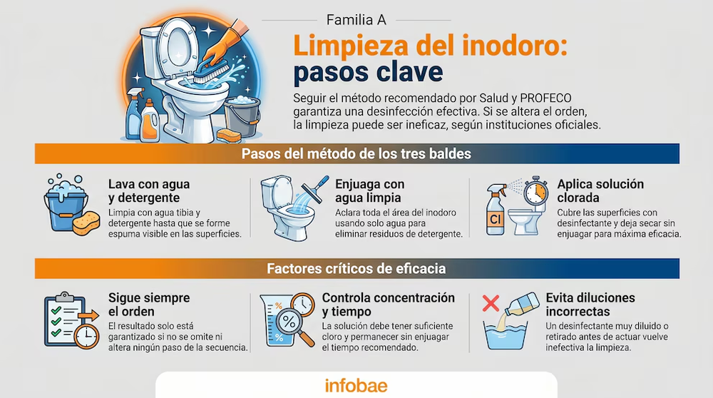 Infograf&iacute;a que detalla el m&eacute;todo de los "tres baldes" para la limpieza y desinfecci&oacute;n efectiva del inodoro, seg&uacute;n recomendaciones de Salud, PROFECO e IMSS, destacando orden, concentraci&oacute;n y tiempo. (Imagen Ilustrativa Infobae)