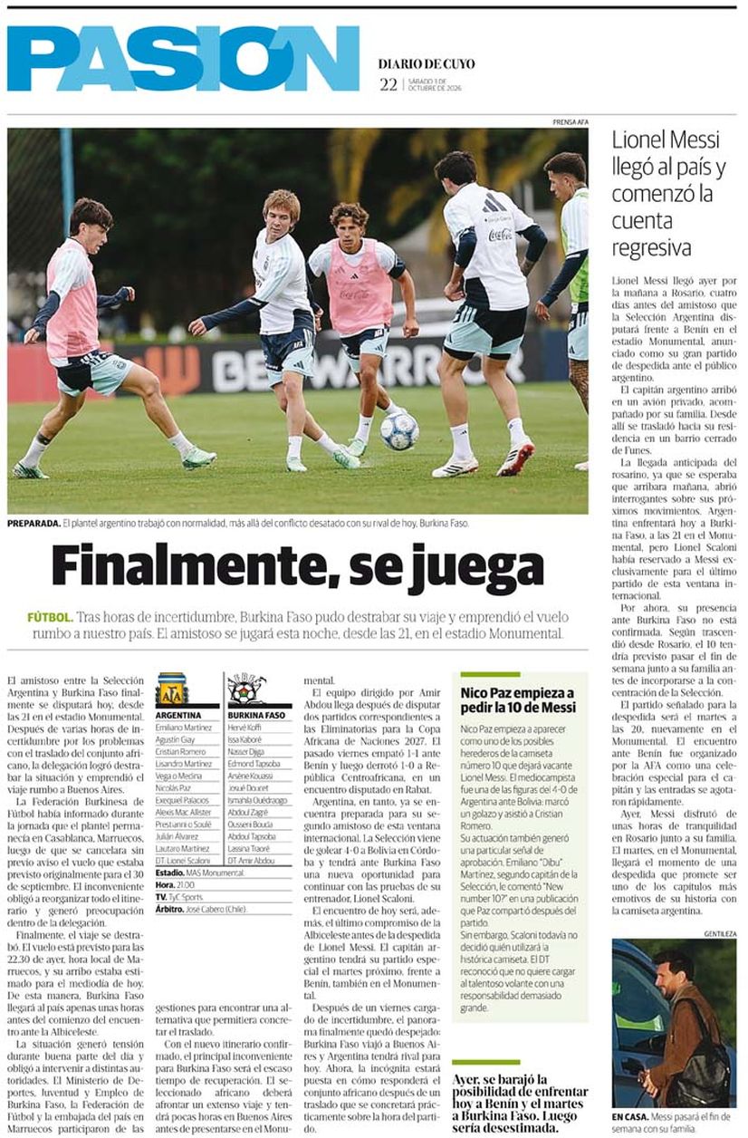 Diario de Cuyo | Tapa Pasión 3 de Octubre 2026