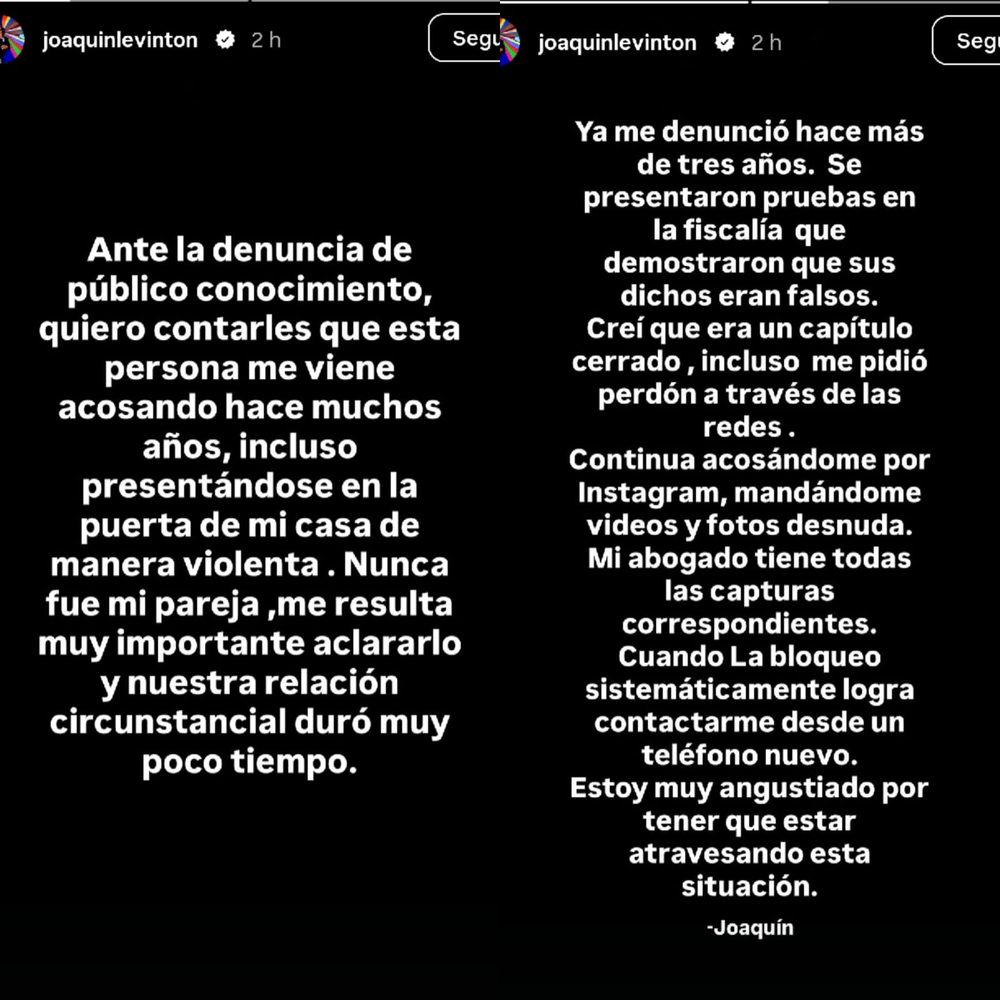Joaqu&iacute;n Levinton public&oacute; dos historias en Instagram para responder a la denuncia y asegur&oacute; que la mujer &ldquo;nunca fue&rdquo; su pareja.
