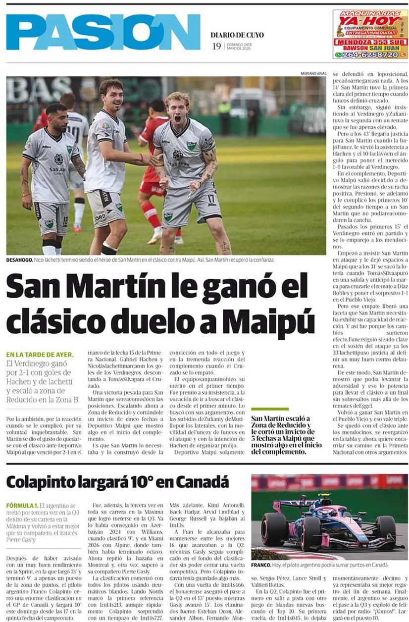 Diario de Cuyo | Tapa Pasión 24 Mayo 2026