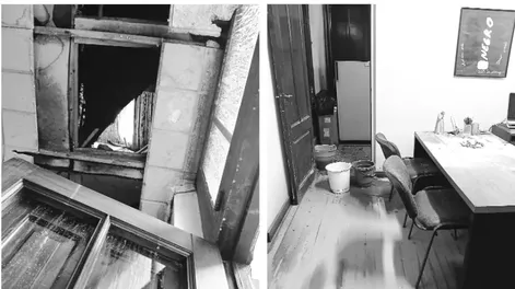 Diario de Cuyo | LA FOTO de la izquierda muestra el techo de caña y palos con el que está construido el edificio de la Aliaza Francesa en pleno centro de la Ciudad de San Juan. A la derecha, el personal suele colocar baldes para que el agua escurrida desde el techo no inu