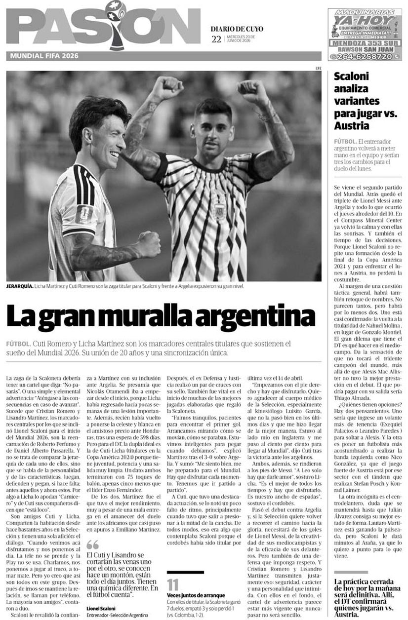 Diario de Cuyo | Tapa Pasión 20 de Junio 2026