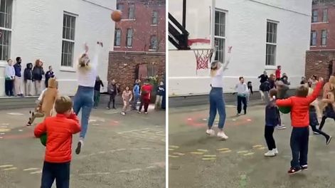 Una maestra encestó un triple y el video se volvió viral