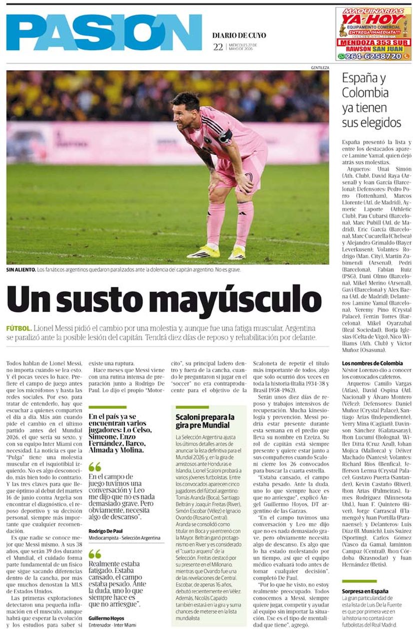 Diario de Cuyo | Tapa Pasión 27 de Mayo 2026