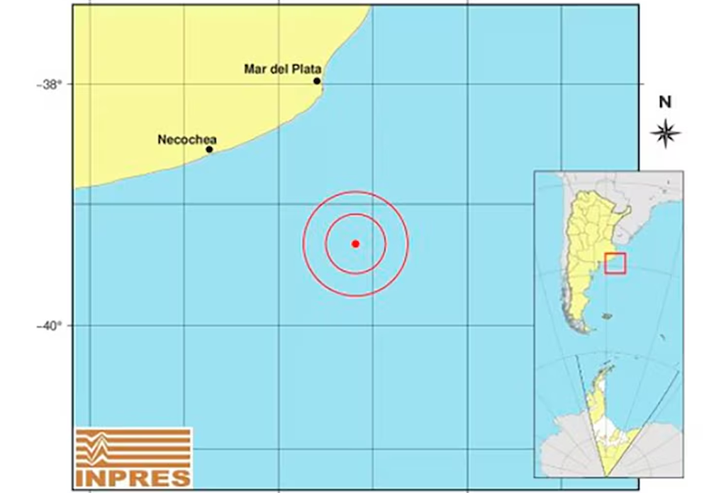 Epicentro del sismo de magnitud 4.9 de este jueves que se sintió fuertemente en Mar del Plata.