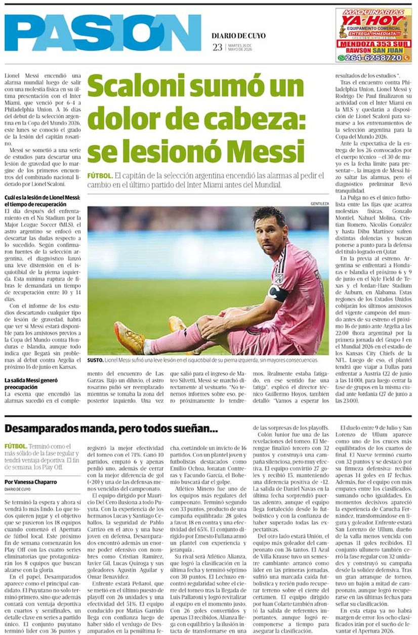 Diario de Cuyo | Tapa Pasión 26 de Mayo 2026