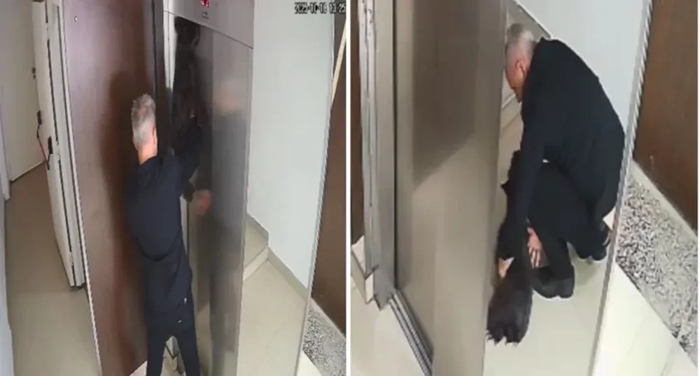 Dramático momento: un perro quedó colgado de un ascensor y un hombre lo reanimó