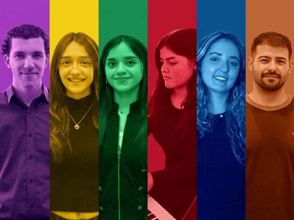 Pianistas en concierto. De izquierda a derecha, Giuliano Riccobelli, Anyelina Pastén, Angelina Liyo Silva, Sayra Alessi, Mariana Montañez y Cristian José Peralta.