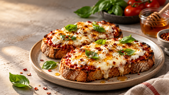 La combinación de queso cottage y miel picante permite preparar una pizza toast crocante y cremosa en pocos minutos.