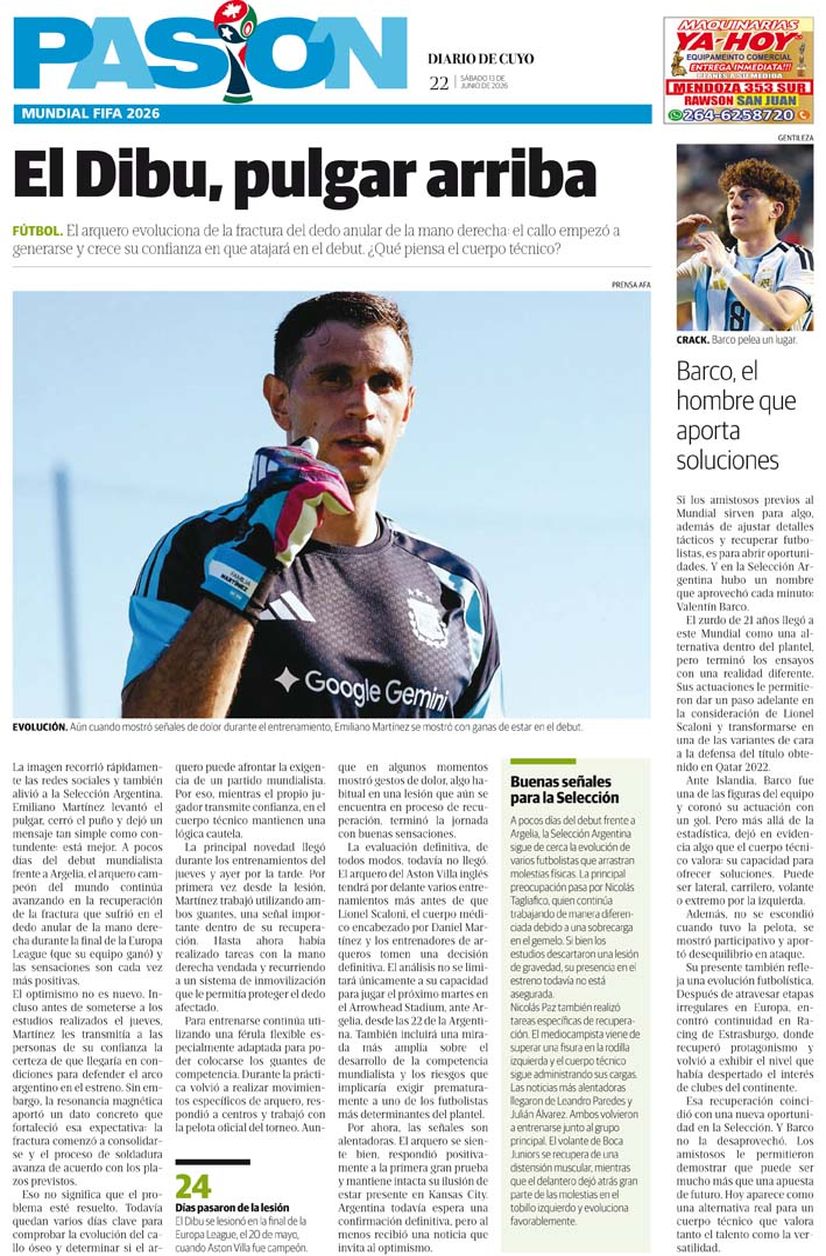 Diario de Cuyo | Tapa Pasión 13 de Junio 2026