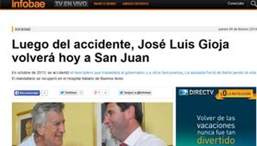Medios Nacionales reflejan el regreso de Gioja a San Juan
