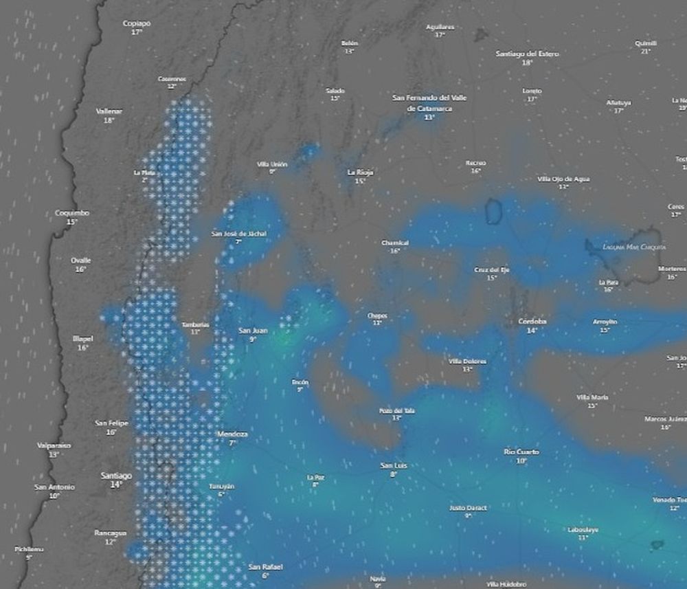 Lluvia y nieve. Windy muestra cómo se presentaría el sábado en San Juan. Foto: Captura