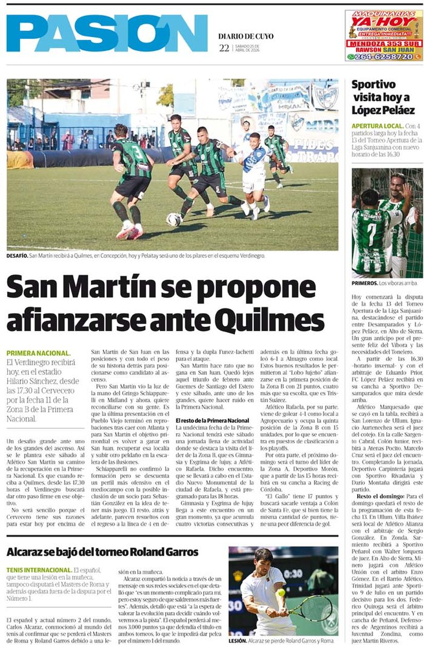 Diario de Cuyo | Tapa Pasión 25 de Abril 2026
