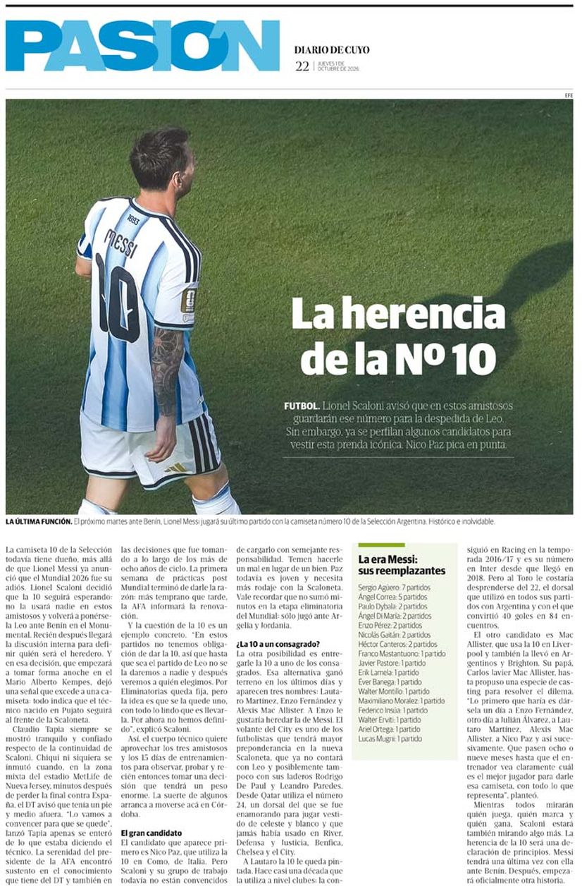 Diario de Cuyo | Tapa Pasión 1 de Octubre 2026