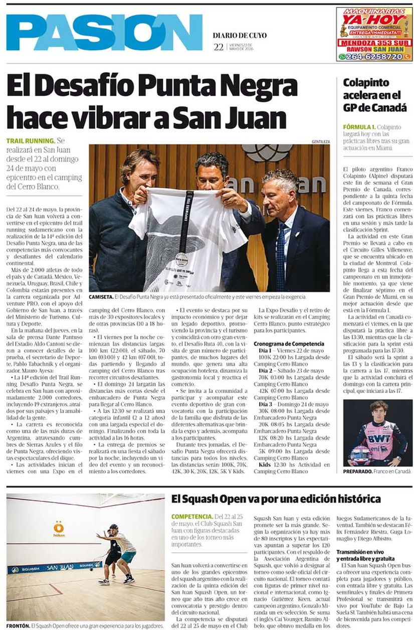 Diario de Cuyo | Tapa Pasión 22 de Mayo 2026