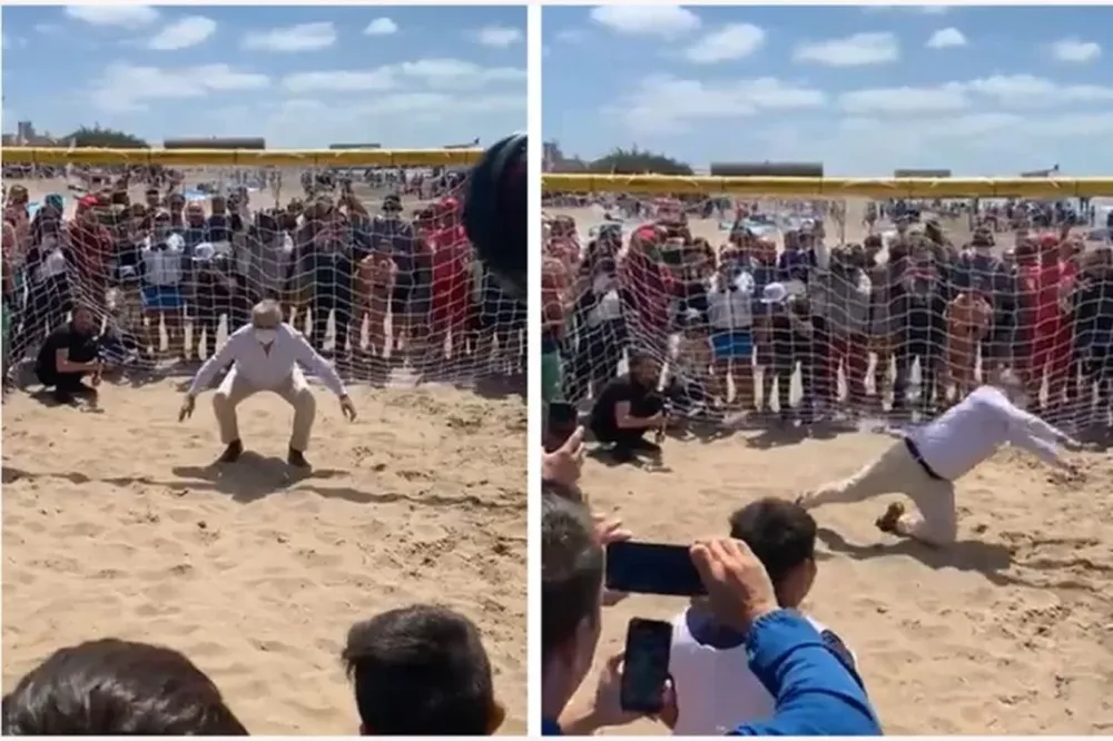 Alberto Fernández hizo de arquero en un picado en la playa y terminó en la arena