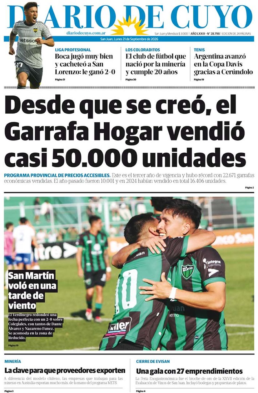 Diario de Cuyo | Tapa Edición 21 de Septiembre 2026