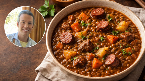 Receta de guiso de lentejas con roast beef y vino blanco