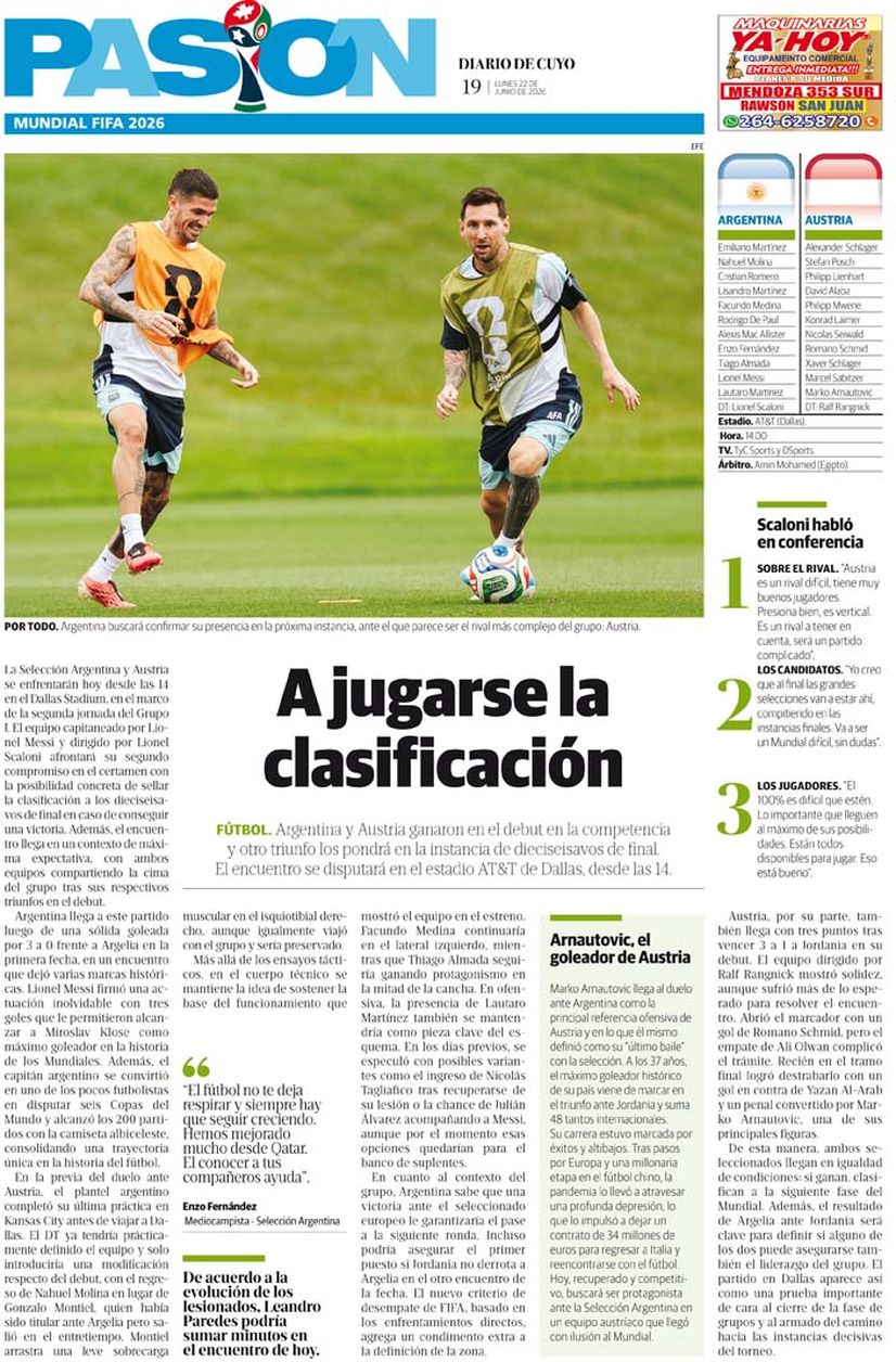 Diario de Cuyo | Tapa Pasión 22 de Junio 2026
