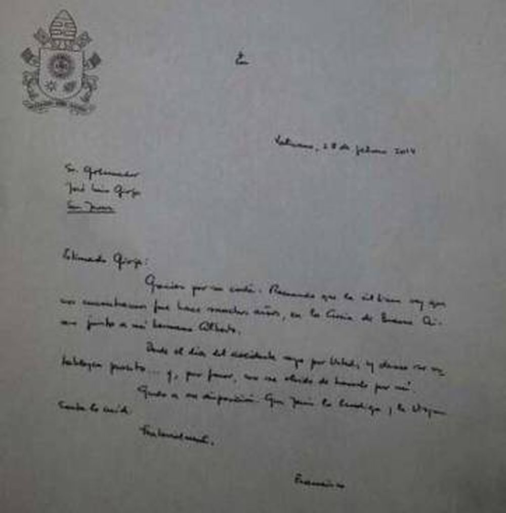 Gioja, emocionado por una carta que le escribió el Papa