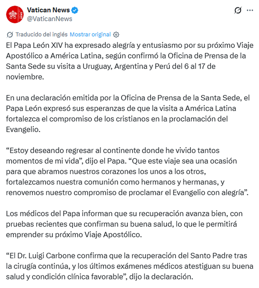Captura del posteo de Vatican News (@VaticanNews) en X, donde se confirm&oacute; el entusiasmo del papa Le&oacute;n XIV por su pr&oacute;ximo viaje apost&oacute;lico a Am&eacute;rica Latina.